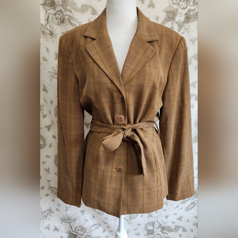 Vintage Women's Tan Brown Window Pane Plaid Academia Belted Silk Blazer Sz 10